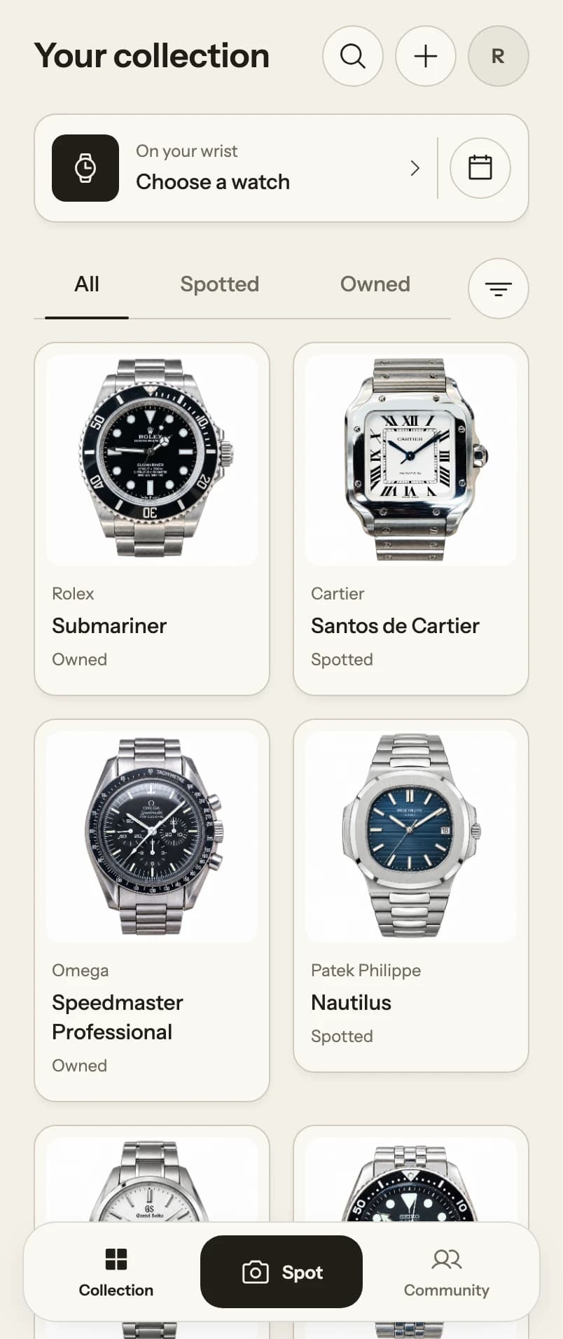 Reference Collection screen showing example watch portraits and the Collection, Spot and Community tabs