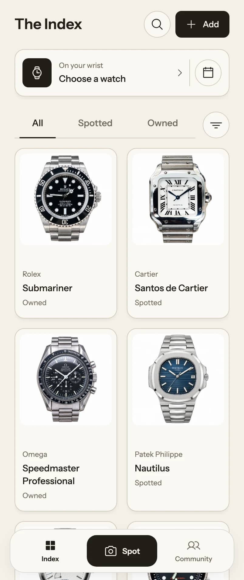 El Index de Reference con una colección de ejemplo de imágenes de relojes y las pestañas Index, Spot y Community